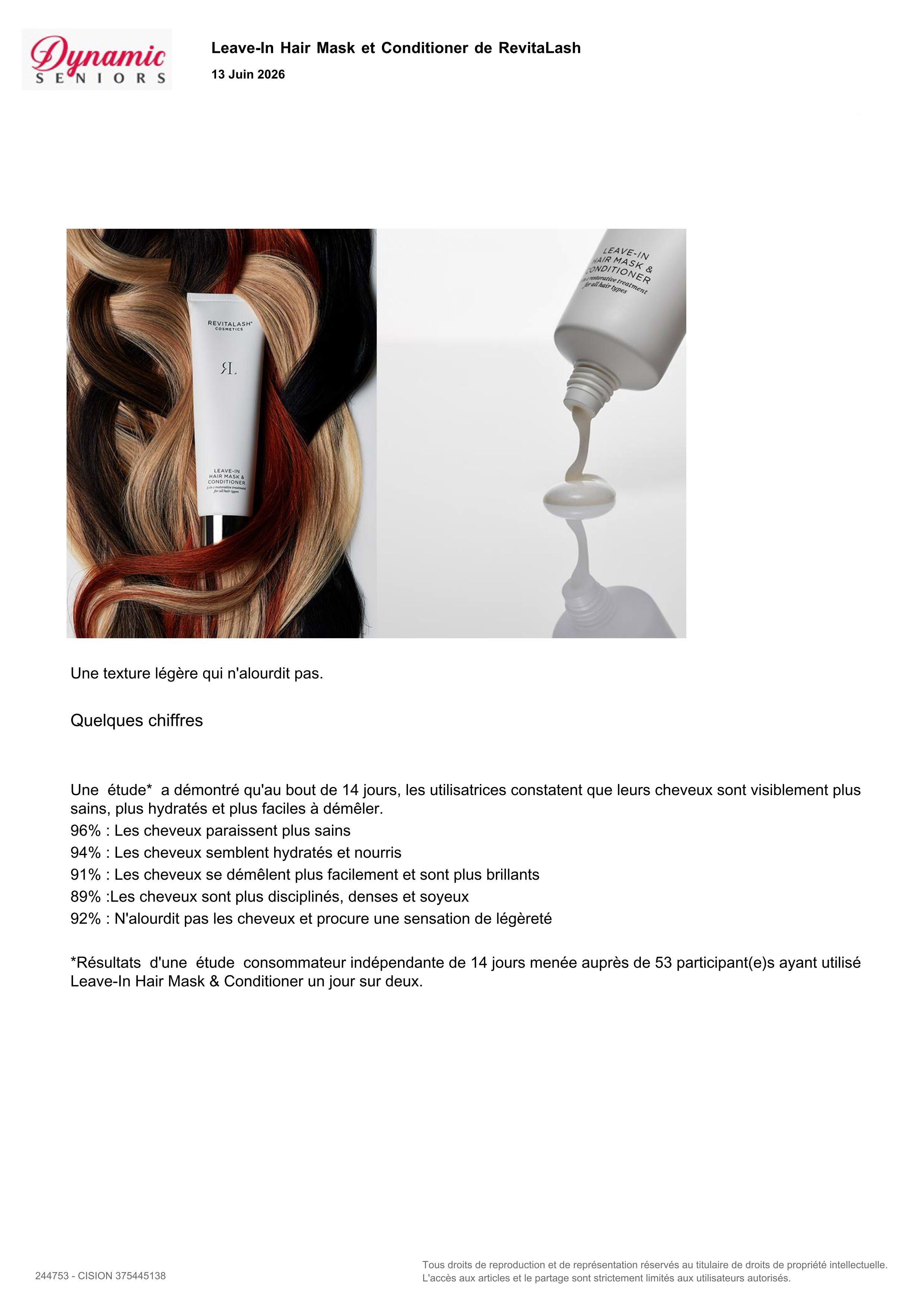 Leave-In Hair Mask & Conditioner de RevitaLash® Cosmetics paru dans Dynamic Seniors - Juin 2026